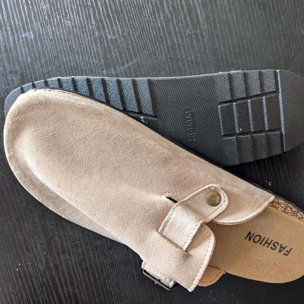 Taupe Suede Clogs Women's Slip On Mules Adjustable Buckle Strap Shoes 284mm